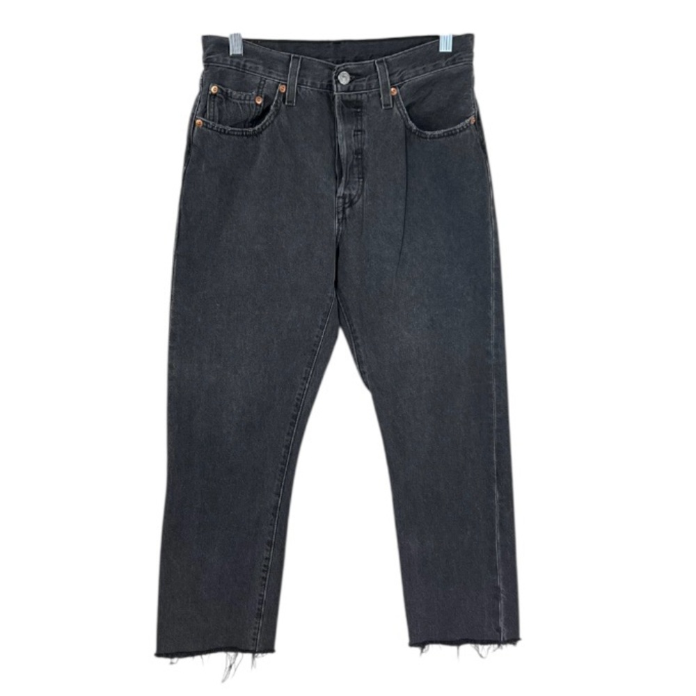 Levi’s 501 Faded Black Button Fly Denim Jeans Cropped Raw Hem Pants 28” X 24.5”